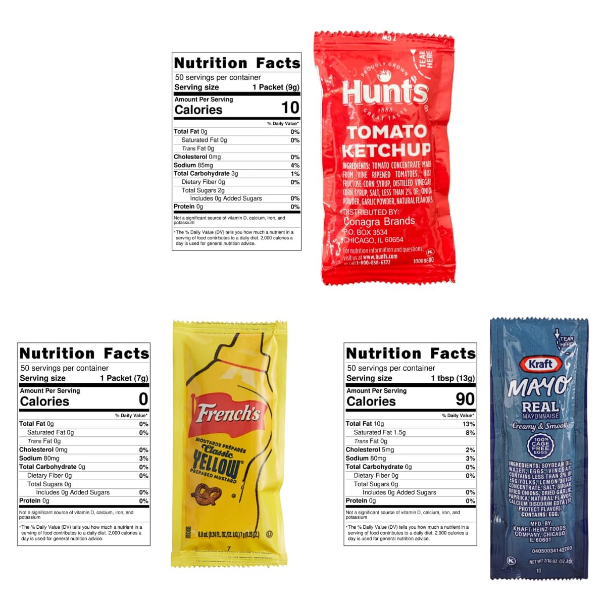 Chronos Condiment 150 Bundle Pack - 50 Single Serve Pouches Of Each: Ketchup, Mustard, And Mayo - 150 Pack, Great For Picnics, B