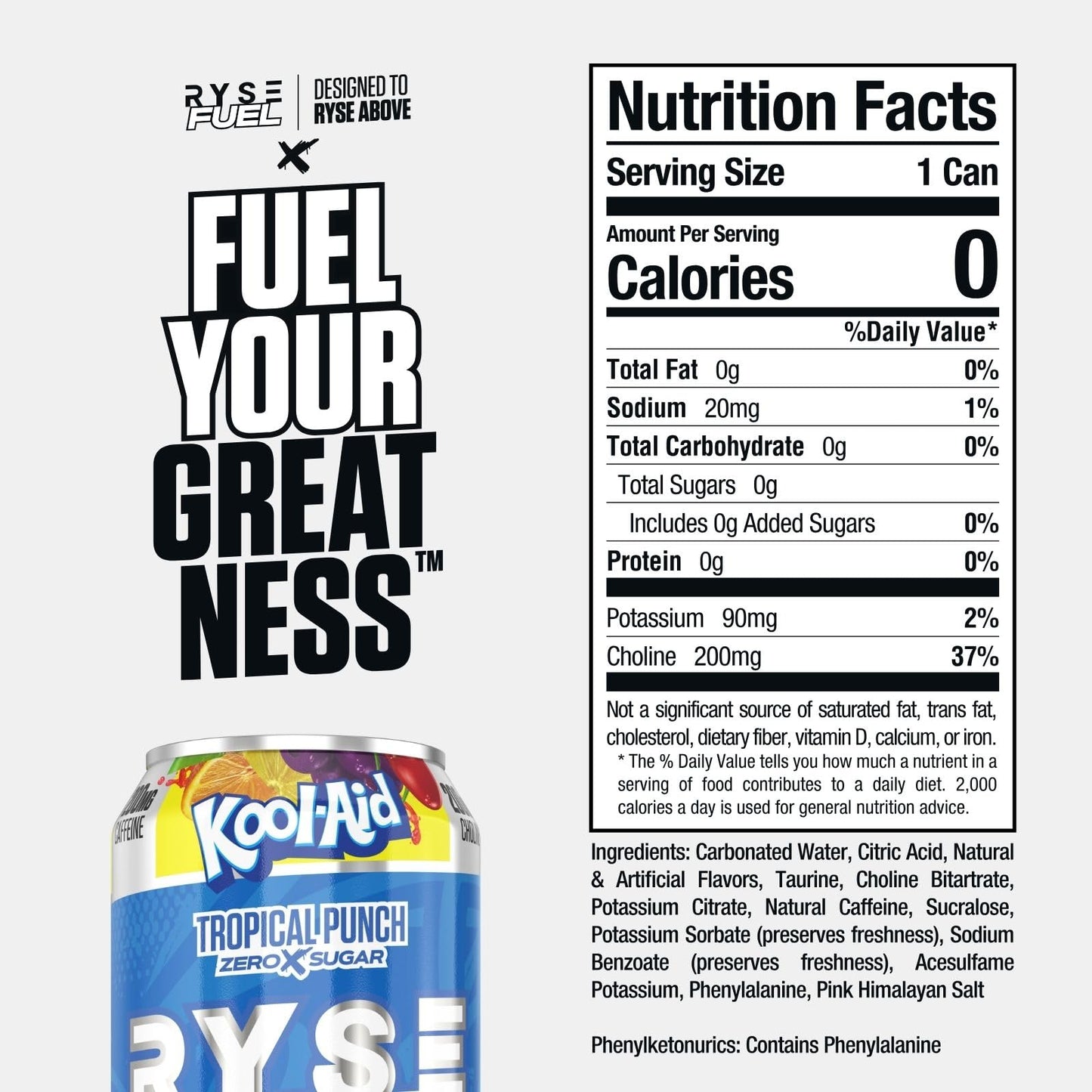 RYSE Fuel Energy Drink - Sugar Free & Vegan - 200mg Caffeine - Tropical Punch - 16 Fl Oz Cans (12-Pack)