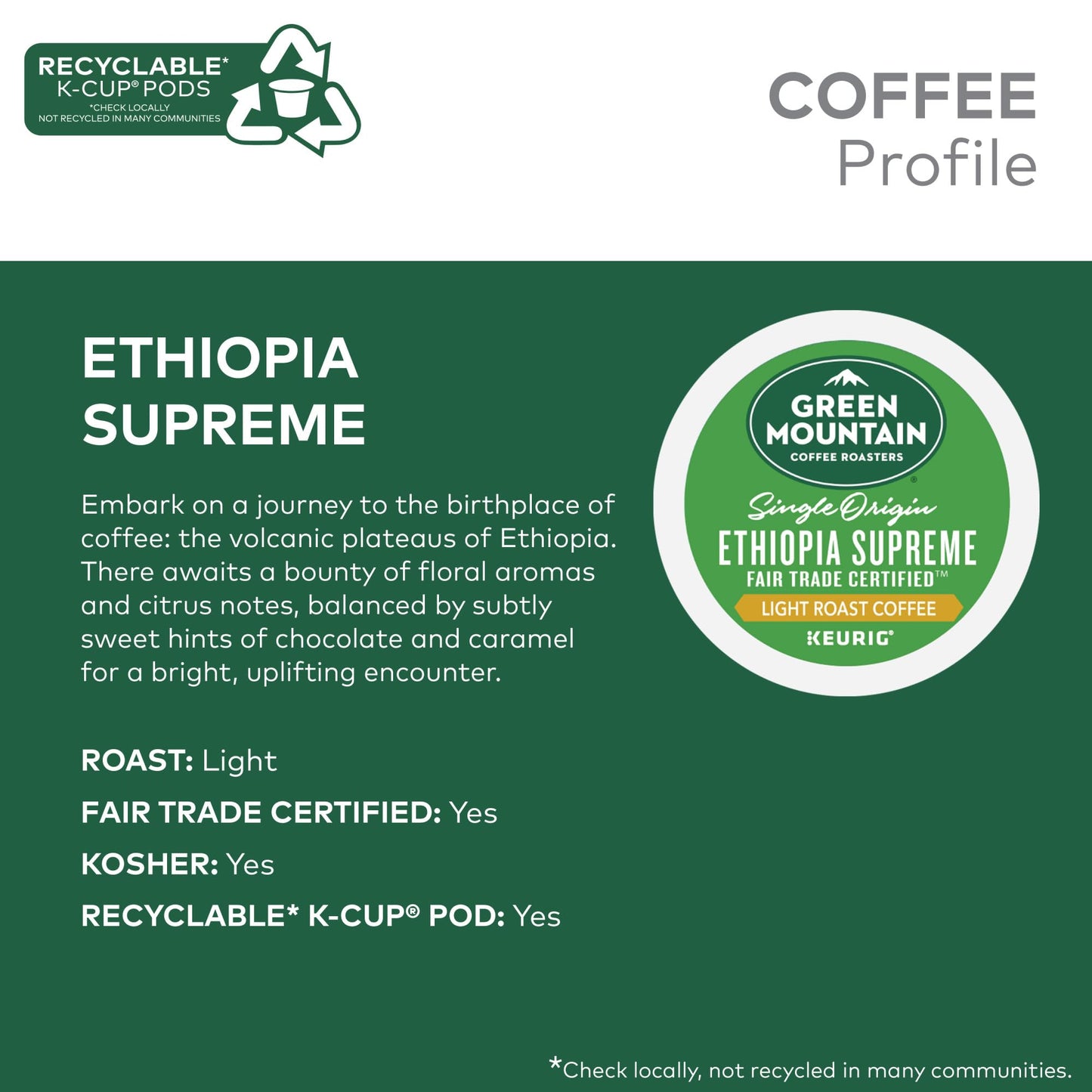 Green Mountain Coffee Roasters Ethiopia Supreme, Single-Serve Keurig K-Cup Pods, Light Roast Coffee, 96 Count