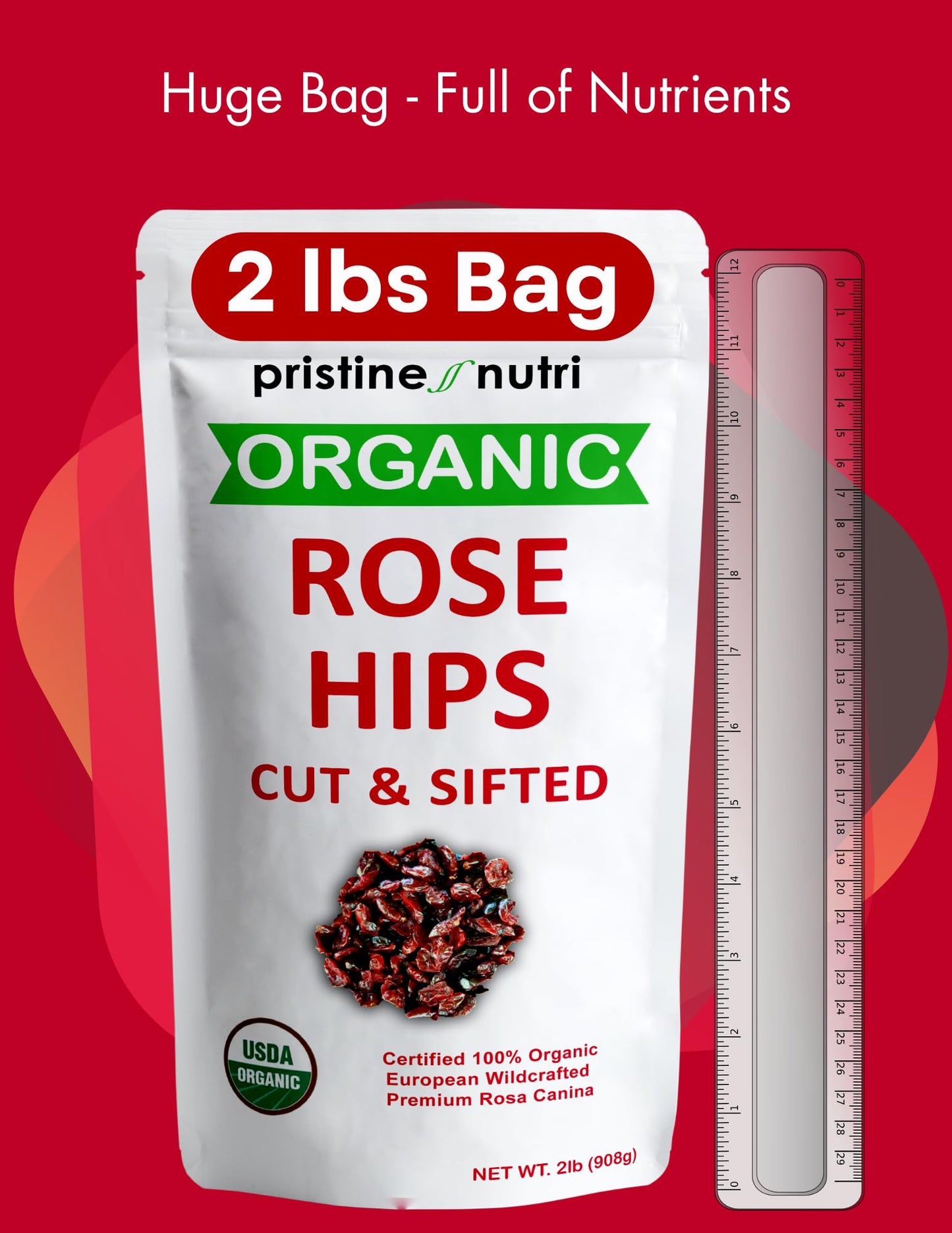 2 Lb (32 Oz) Rose Hips Dried Organic Bulk, Organic Rosehips Cut & Sifted, 95% Seedless, European All Natural, Rosehips Dried Org