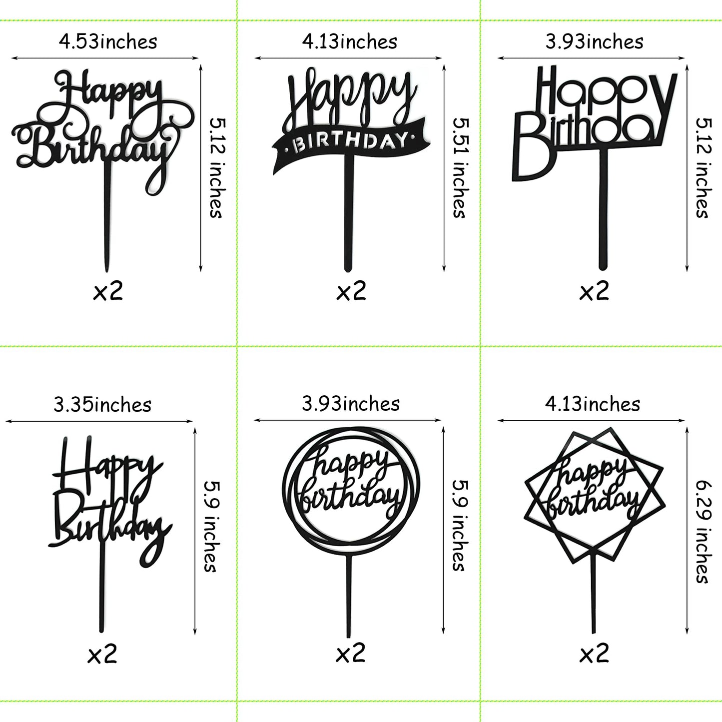 Chewarelly Birthday Cake Topper Set, Acrylic Bunting Decor, 4.5 x 6.3 inches, Black, Model HBCTAC06, 12 Pack