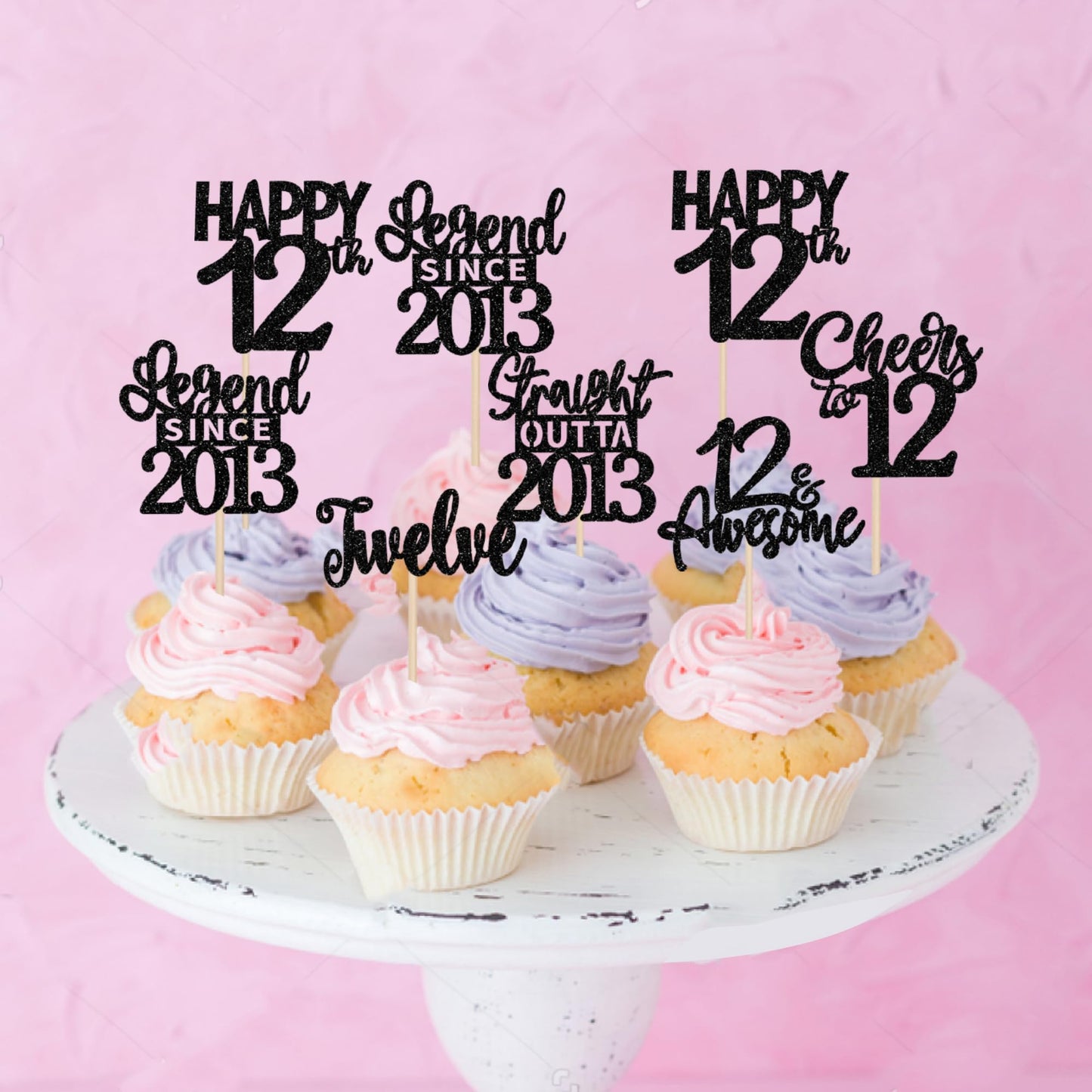 24Pcs Black 12Th Birthday Cupcake Toppers Twelve Happy 12Th Official Teenager Straight Outta 2013 Cupcake Picks Cheers To 12 Len