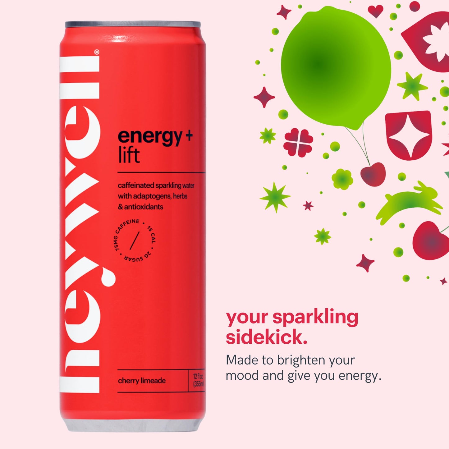 Heywell Sparkling Adaptogenic Water, Cherry Limeade, Caffeinated, Organic, Non-GMO, Vegan, Gluten-Free, 12 Fl Oz (Pack of 12)