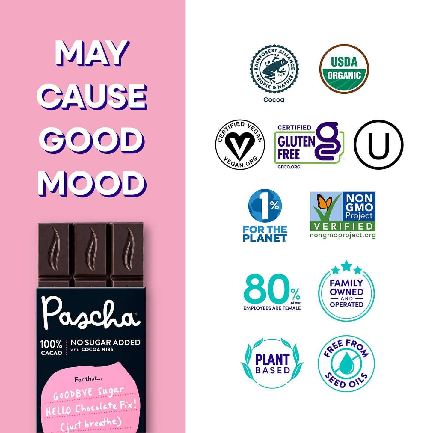 Pascha Organic Chocolate Bars, Gluten Free, Non GMO, 2.82 Oz, Pack of 10, Sugar Free Dark Keto 100% Cacao with Cocoa Nibs
