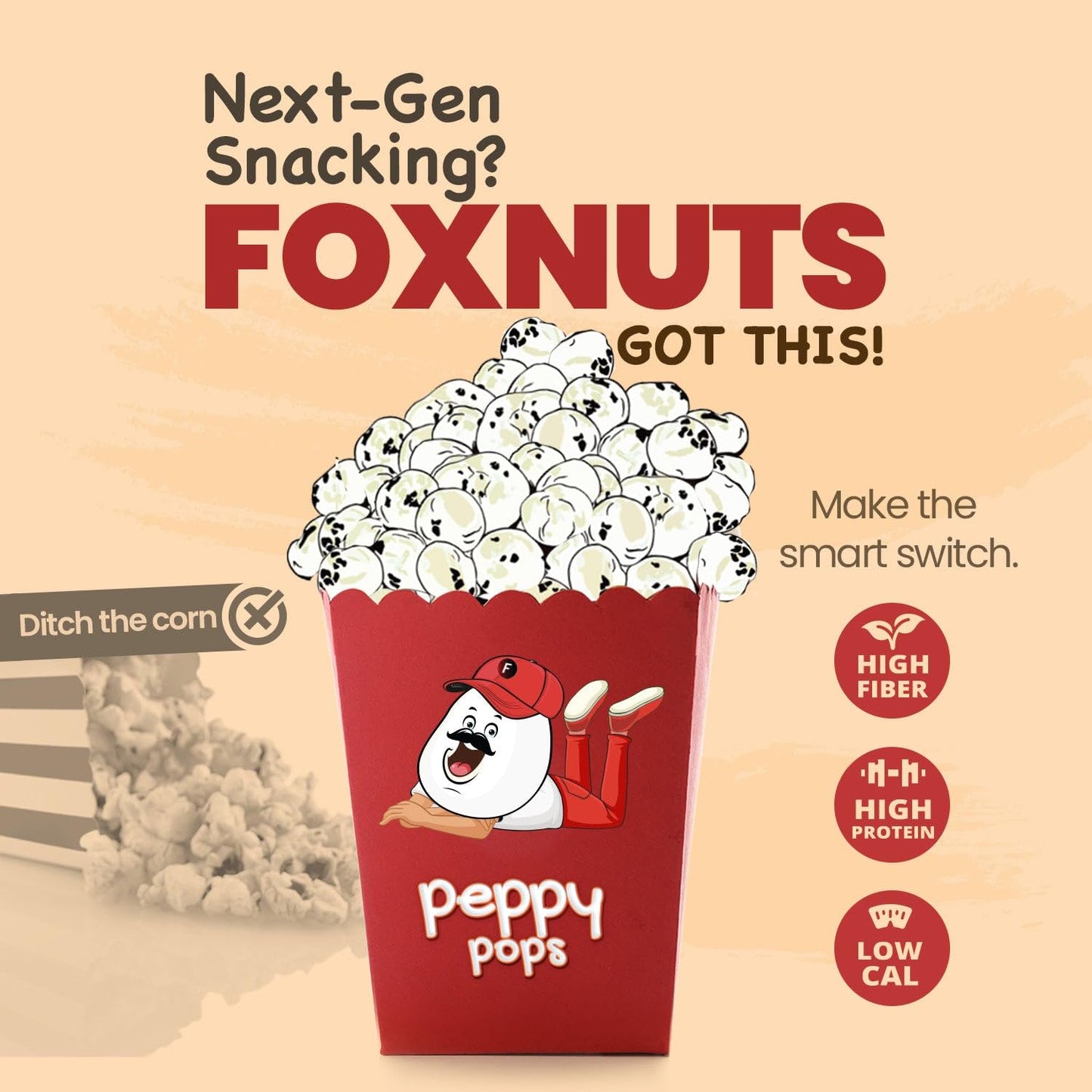 Peppy Pops | PACK of 6, Jalapeno & Cheesy Delight Foxnuts 2 oz (57 gm) - Spicy Cheesy Puffed Snack - Roasted Indian Makhana - Gl