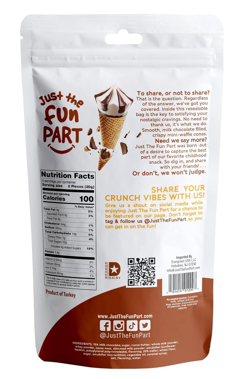 Just The Fun Part, Bite-Size Crispy Mini Waffle Cones With Enhanced Belgian Chocolate, Great For Snacks, Dessert, Grab & Go - Kosher, Milk Chocolate (Pack Of 6)