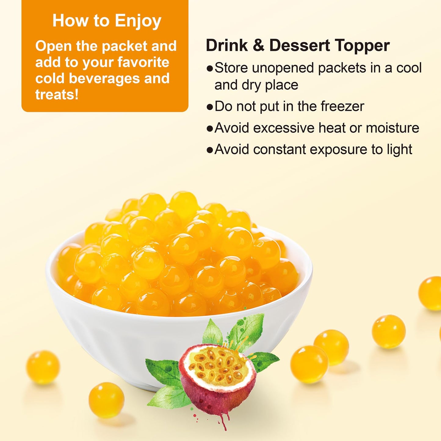 J Way Bursting Popping Passion Fruit Boba Pearls, Passion Fruit Syrup, Non-Dairy, Fat-Free Popping Tapioca Boba For Beverages, S