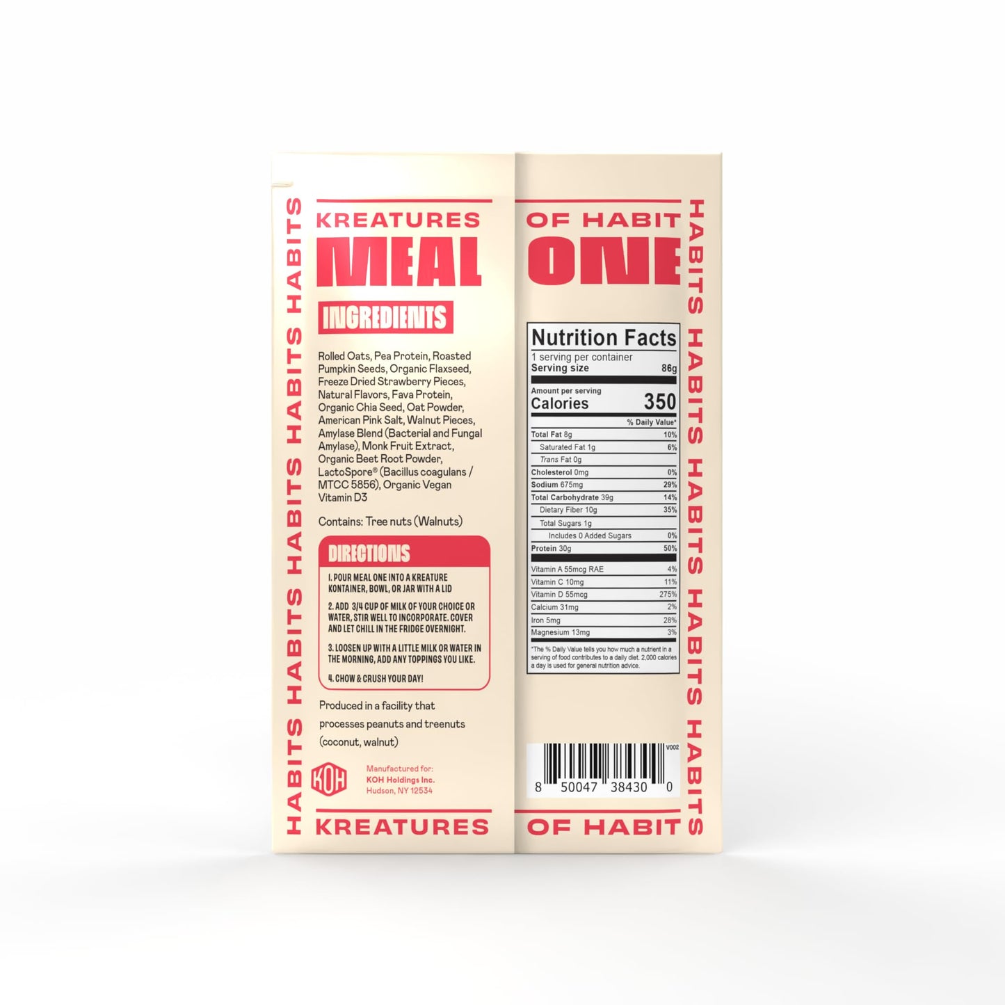 Kreatures Of Habit Meal One | Overnight & Instant Superfood Protein Meal Replacement | Gluten Free, Dairy Free, 30G Of Plant Based Protein, With No Added Sugar | Strawberry Walnut Cream | Pack Of 7