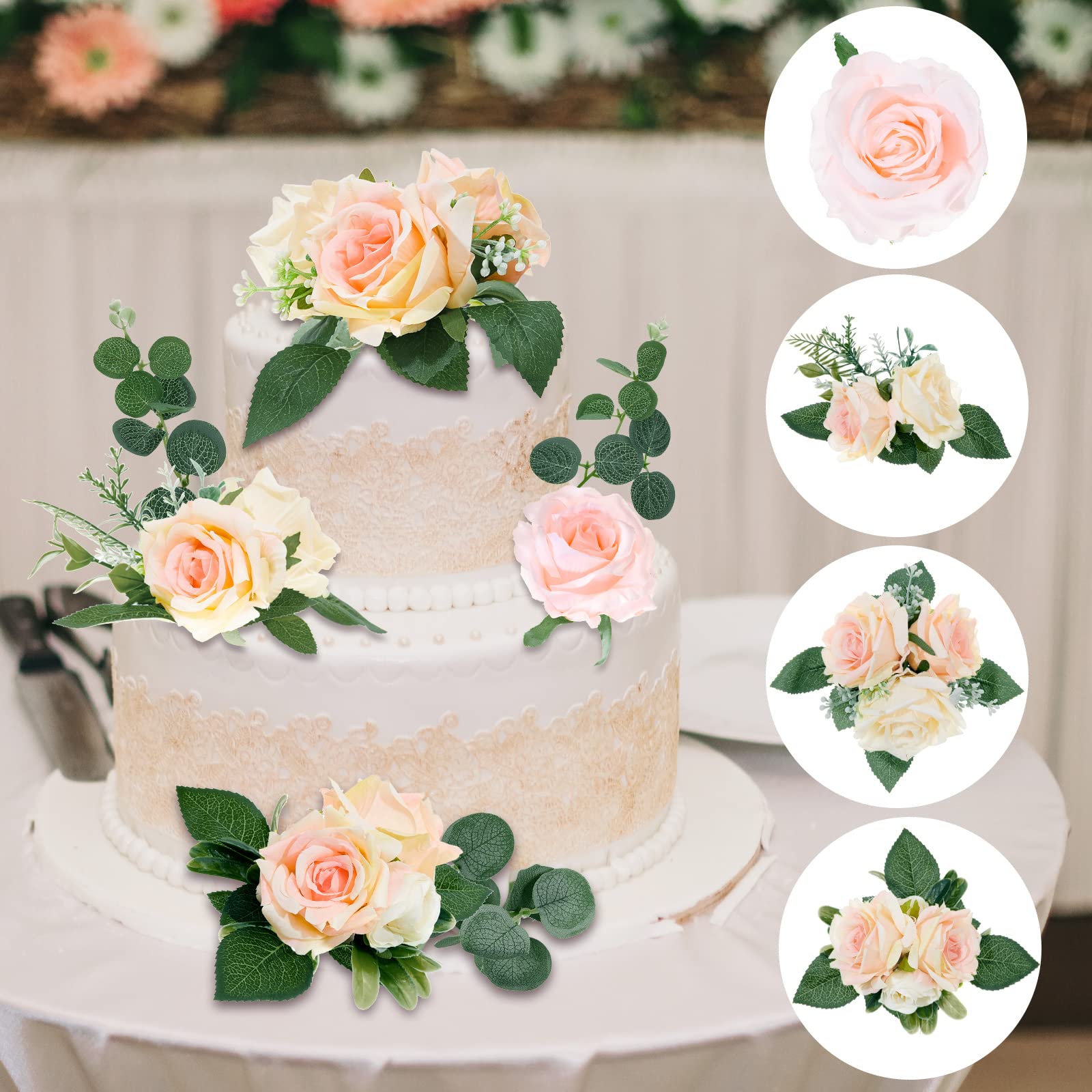 Taiyin Flower Cake Topper Set, 9 Pcs Boho Decorations, Eucalyptus Floral Decor for Wedding, Birthday, Anniversary, Light Pink