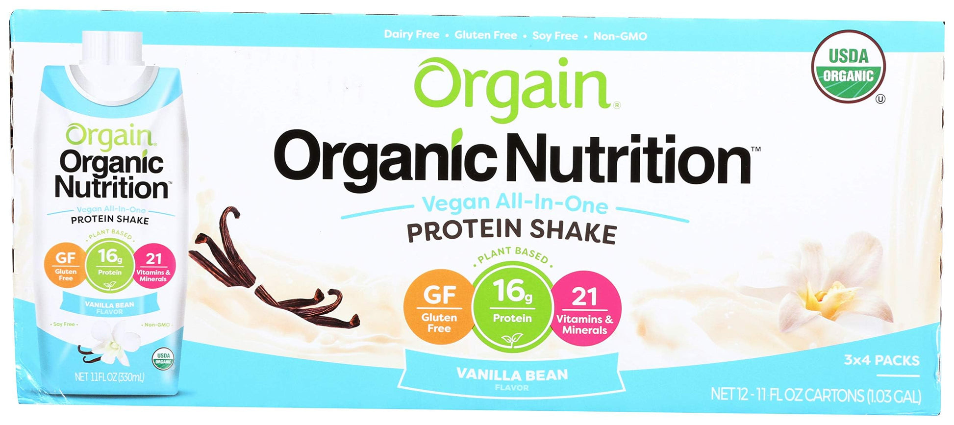 ORGAIN Organic Vegan Vanilla Nutritional Shake 12 Pack, 11 FZ