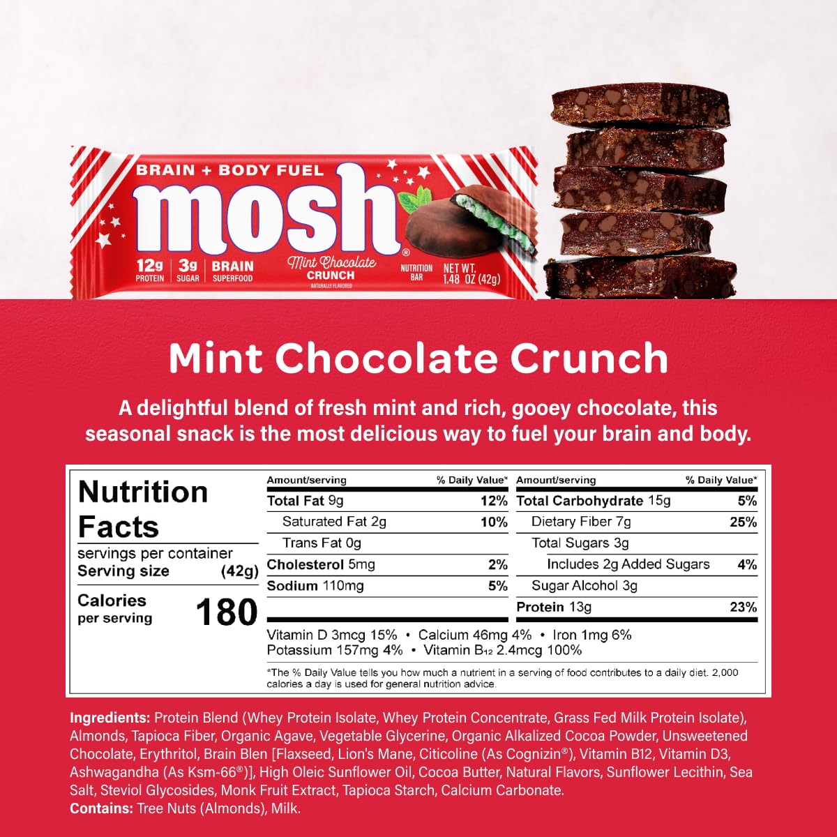 MOSH Mint Chocolate Crunch Keto Protein Bars  High Protein  Gluten Free  Brain Healthy Snack with Ashwagandha and Lions Mane  12 Count