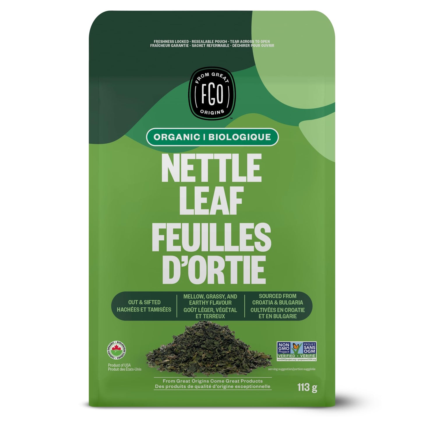 FGO Organic Nettle Leaf Loose Tea, 4oz Resealable Kraft Bag, Pack of 1