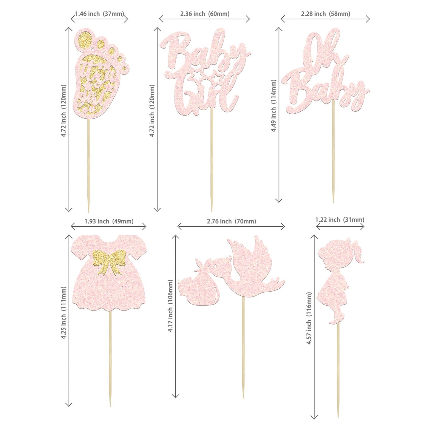 24Pcs Oh Baby Cupcake Toppers Baby Girl Cupcake Toppers With Bow Dress Footprint Swan Light Pink Glitter Babyshower Gender Revea