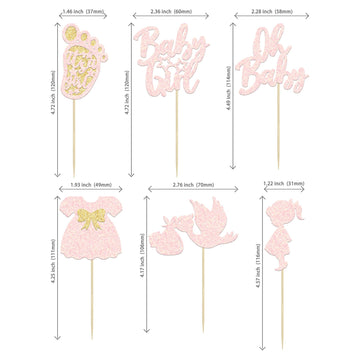 24Pcs Oh Baby Cupcake Toppers Baby Girl Cupcake Toppers With Bow Dress Footprint Swan Light Pink Glitter Babyshower Gender Revea