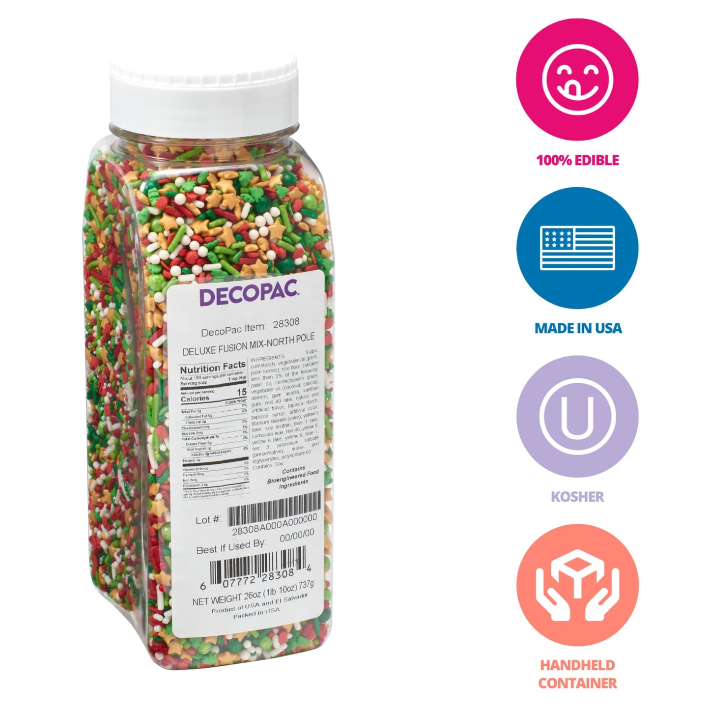 DECOPAC North Pole Fusion Mix Candy Sprinkles, 26oz, Fancy Christmas Gold Stars, Green Trees, Red Berries, Edible Festive Sprink