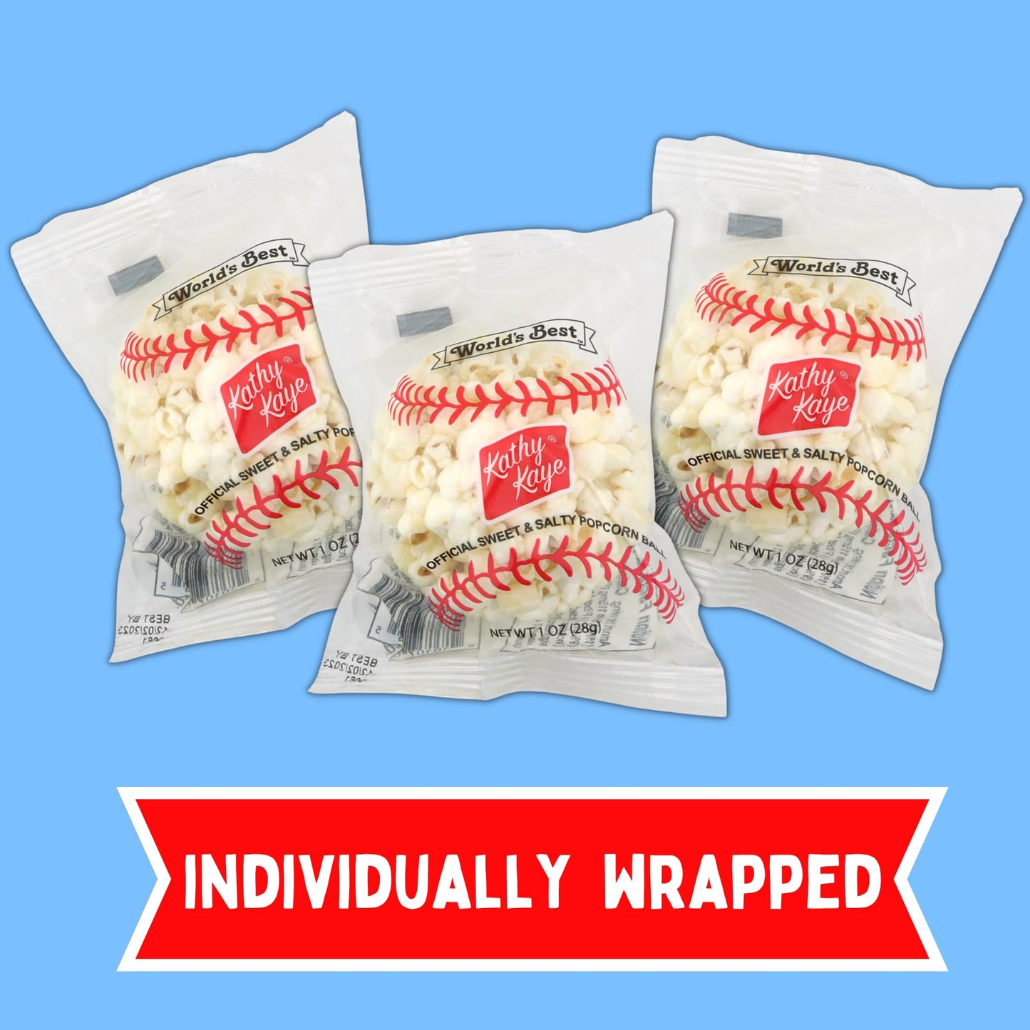 Kathy Kaye Baseball Themed Popcorn Balls, Individually Wrapped Salty Snacks, Sports Party Favor, 8 Pieces Included, 8Oz
