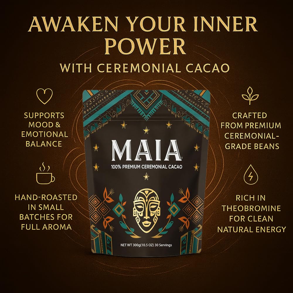 Maia Ceremonial Cacao  with Flavanol  Theobromine  Magnesium and Natural Flavonoids Blend  Improves Mental Clarity and Focus  100% Organic Cocoa Powder  Unsweetened Cacoa Powder for Natural Energy & Mood Support (1)