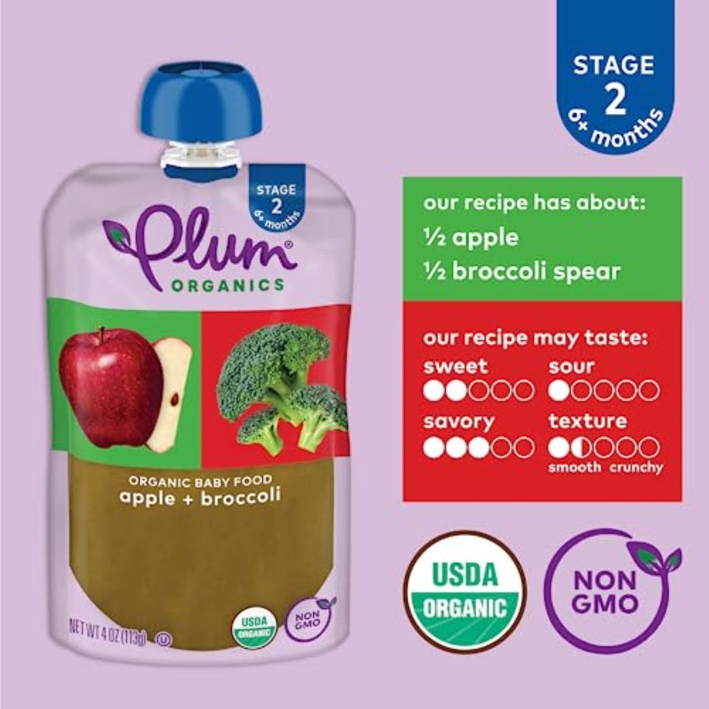 Plum Organics Stage 2 Organic Baby Food - Apple And Broccoli - 4 Oz Pouch (Pack Of 6) - Organic Fruit And Vegetable Baby Food Po