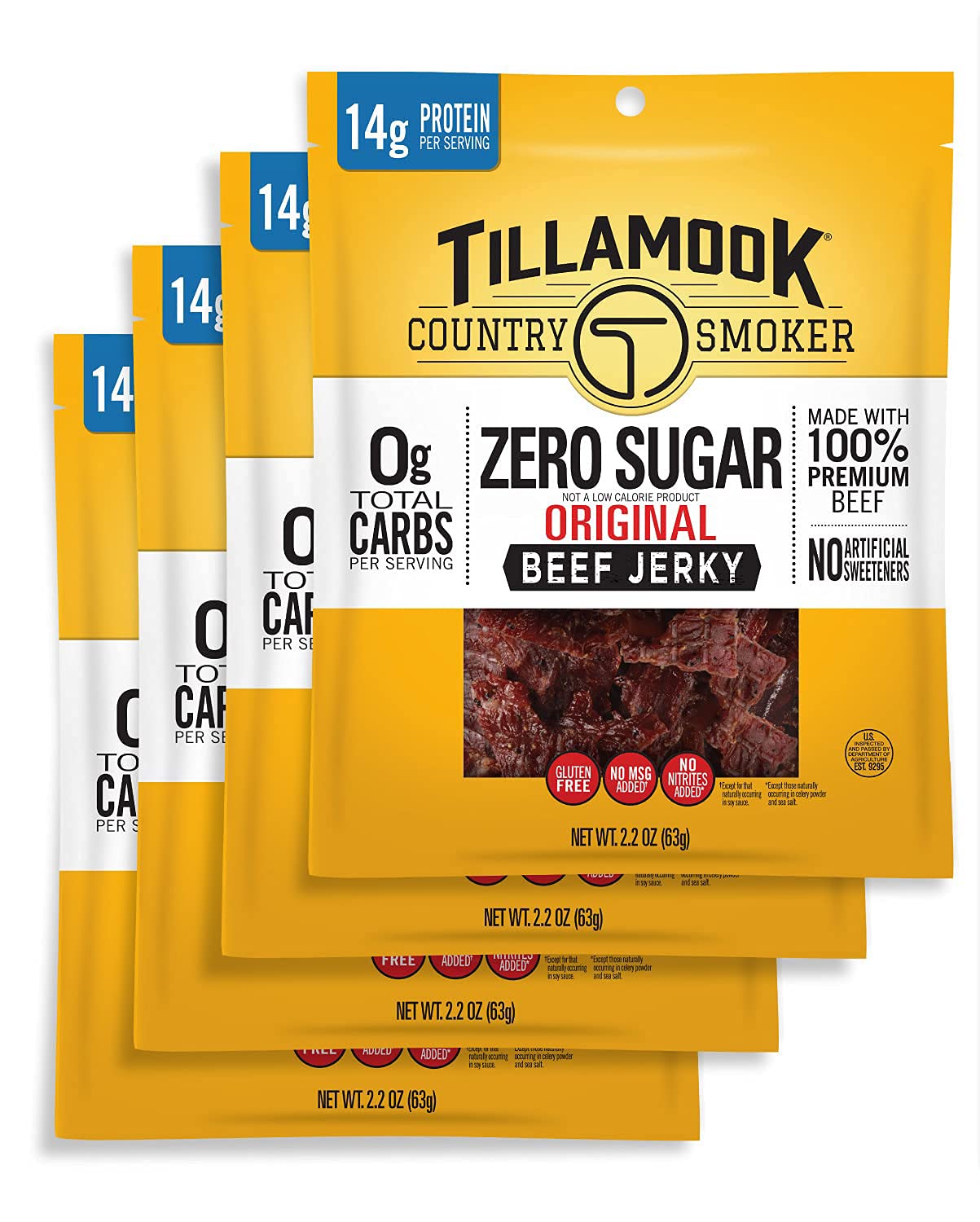 Tillamook Country Smoker Beef Jerky, Keto Friendly, Zero Sugar, Original, 2.2 Ounce (Pack of 4), Red