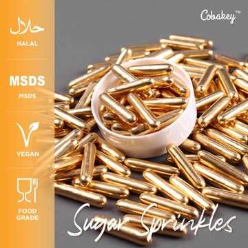 Cobakey Bright Gold Sprinkles For Cake Decorations 100G/ 3.52Oz Rods Metallic Pearl Sugar Sprinkles For Cupcake Toppers Wedding