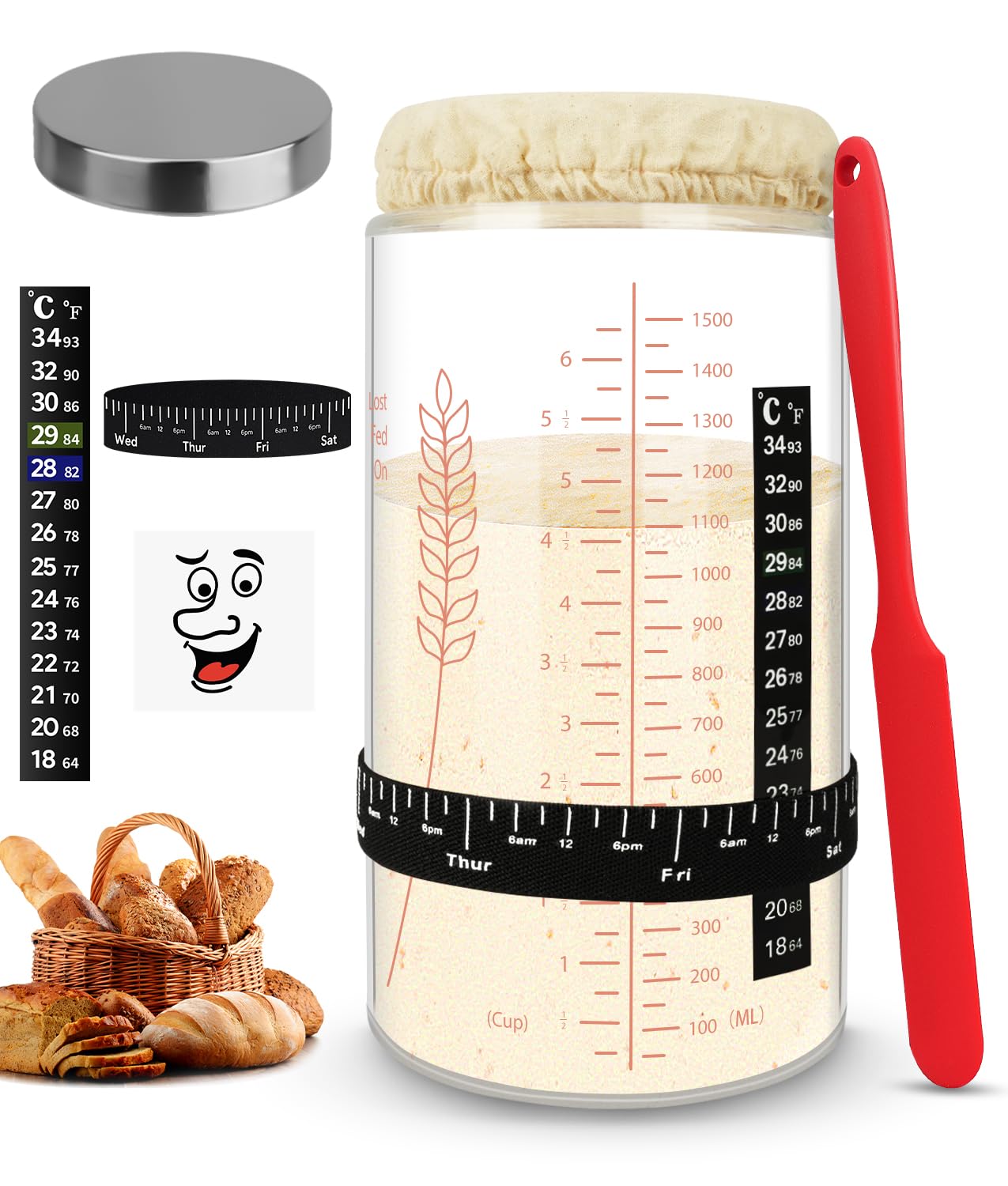 Keafont Sourdough Starter Jar Kit, 50oz Large Capacity, Wide Mouth, Red, Model KF-GLASS-RD, 1 Pack