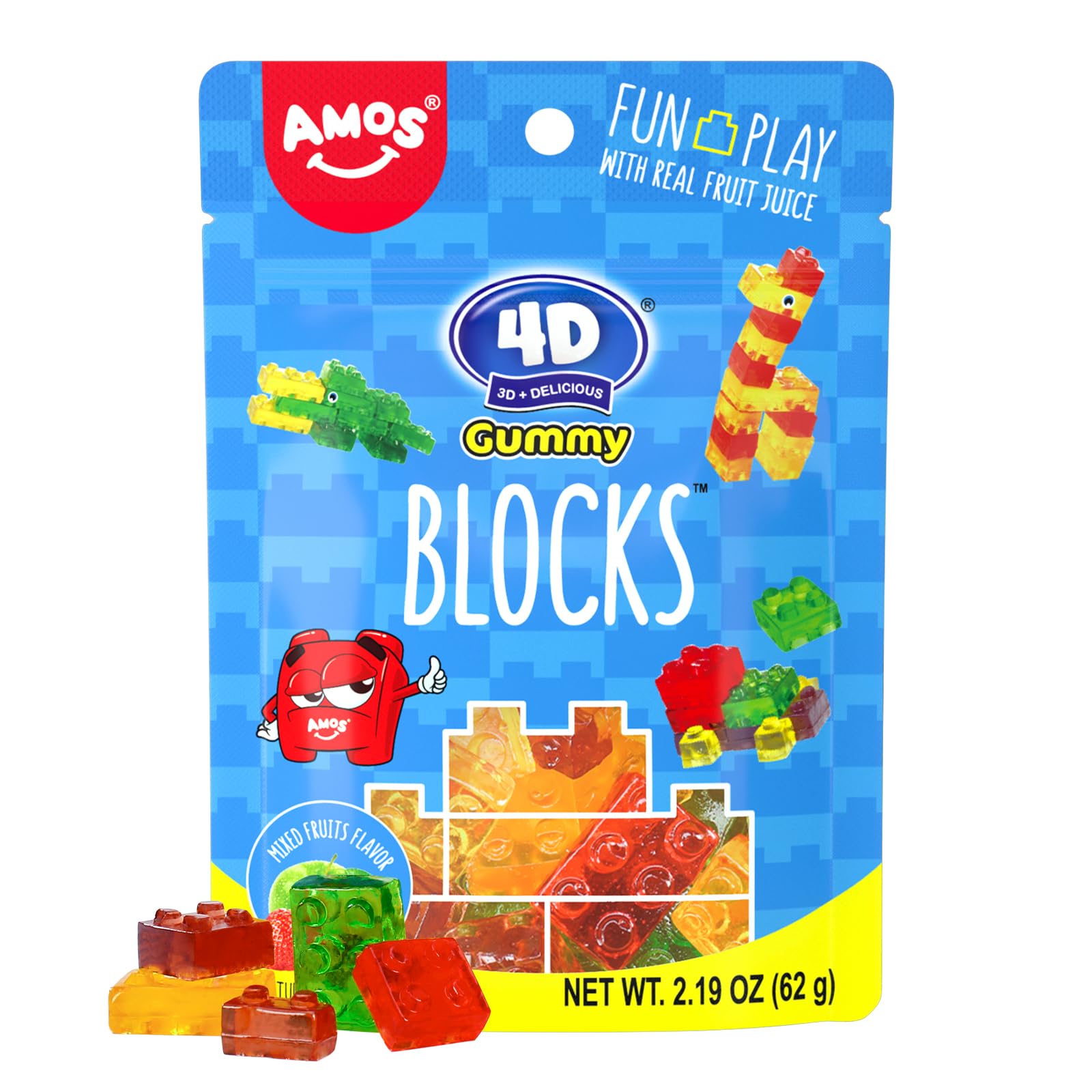 AMOS 4D Gummy Blocks Candy Bricks, Natural Flavor Themed Novelty Candy for Kids Birthday Party, Cupcake Topper, Resealable 2.19o