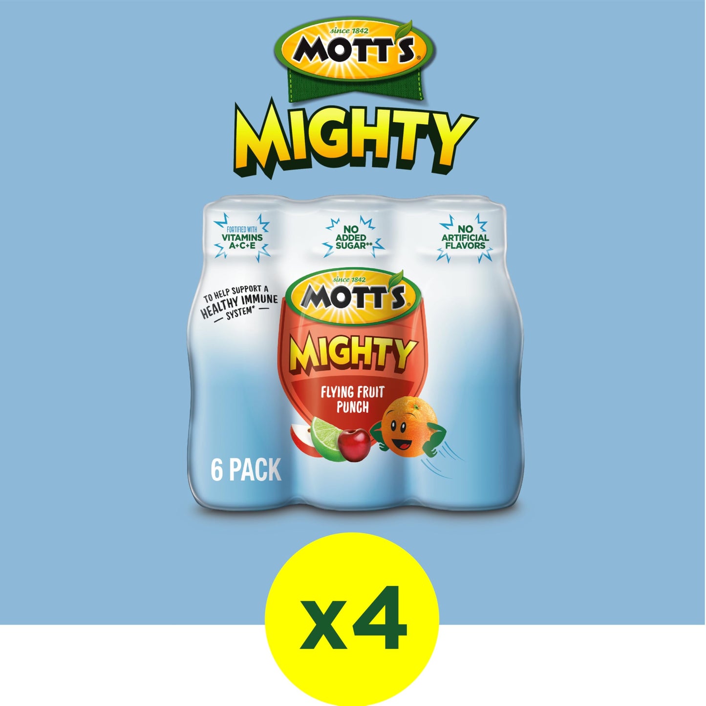 Motts Mighty Flying Fruit Punch Juice Drink, 8 Fl Oz Bottles, 24 Count, 100% Fruit Juice, No Artificial Flavors, Vitamins A, C, E