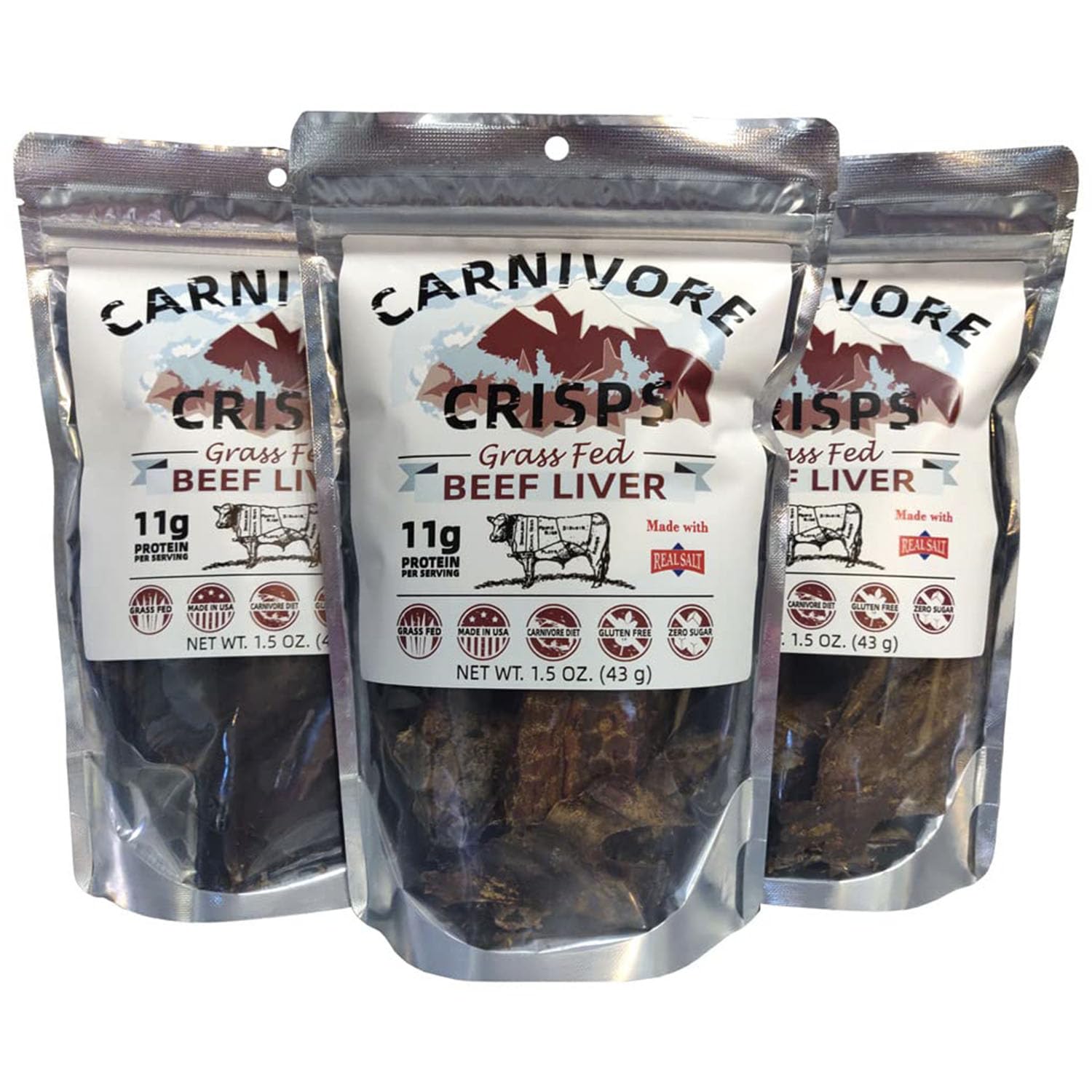Carnivore Crisps Beef Liver Snacks, Keto Approved, 12g Protein, 1.5 oz Pack of 3