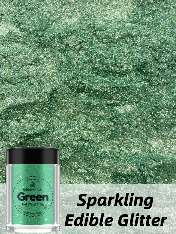 Shanlinly Green Edible Glitter - Food Grade Shimmer Luster Dust for Cakes, Cocktails, Cupcakes - 5g