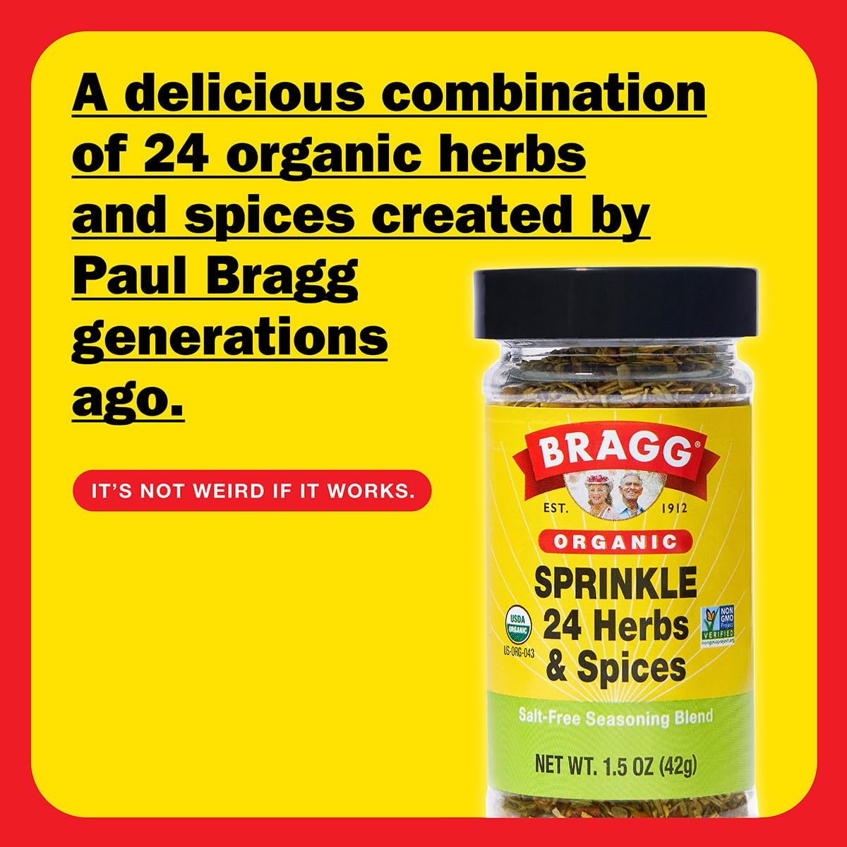 Bragg Organic Sprinkle Seasoning with 24 Herbs and Spices - 1.5 oz - Salt-Free Seasoning Blend - Perfect for Vegetables, Meats,