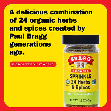 Bragg Organic Sprinkle Seasoning with 24 Herbs and Spices - 1.5 oz - Salt-Free Seasoning Blend - Perfect for Vegetables, Meats,