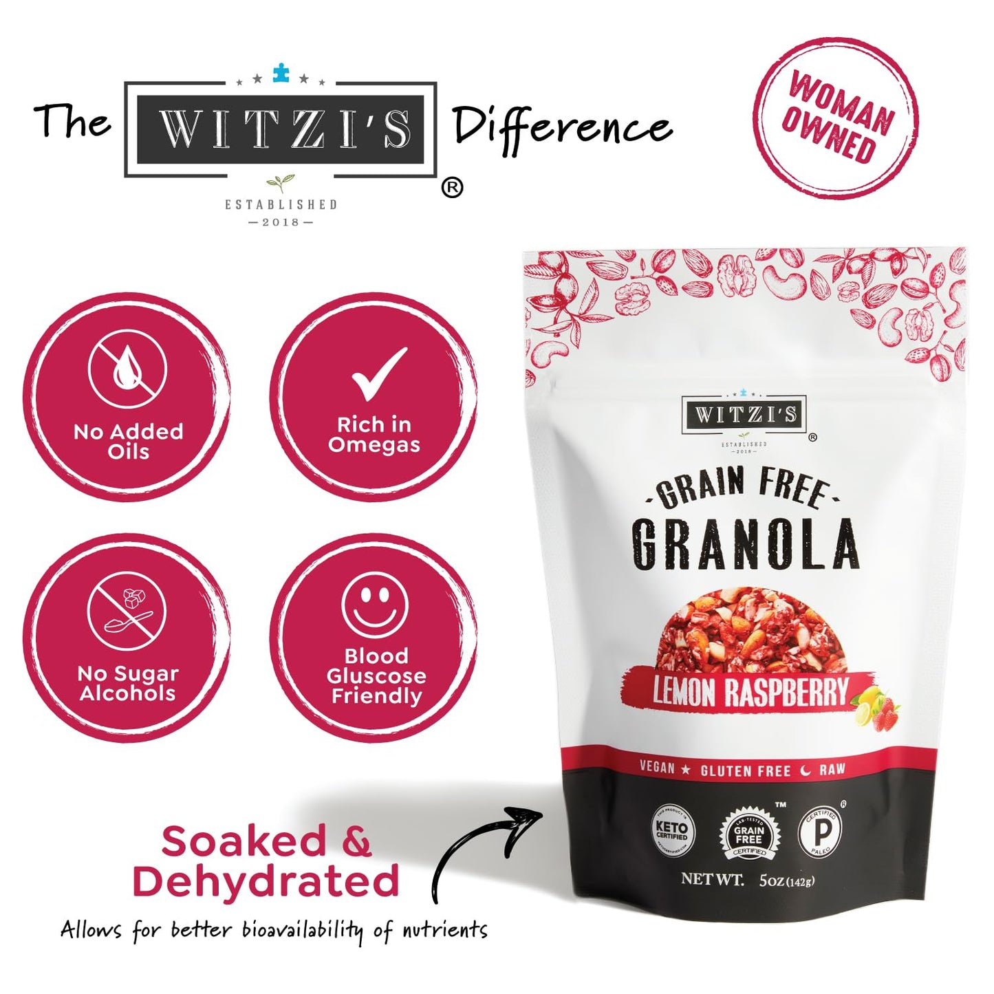Witzi'S Grain Free Granola, Lemon Raspberry, 5Oz (Pack Of 3), Made With Almonds, Lemons & Raspberries, Vegan, Keto, Gluten Free,