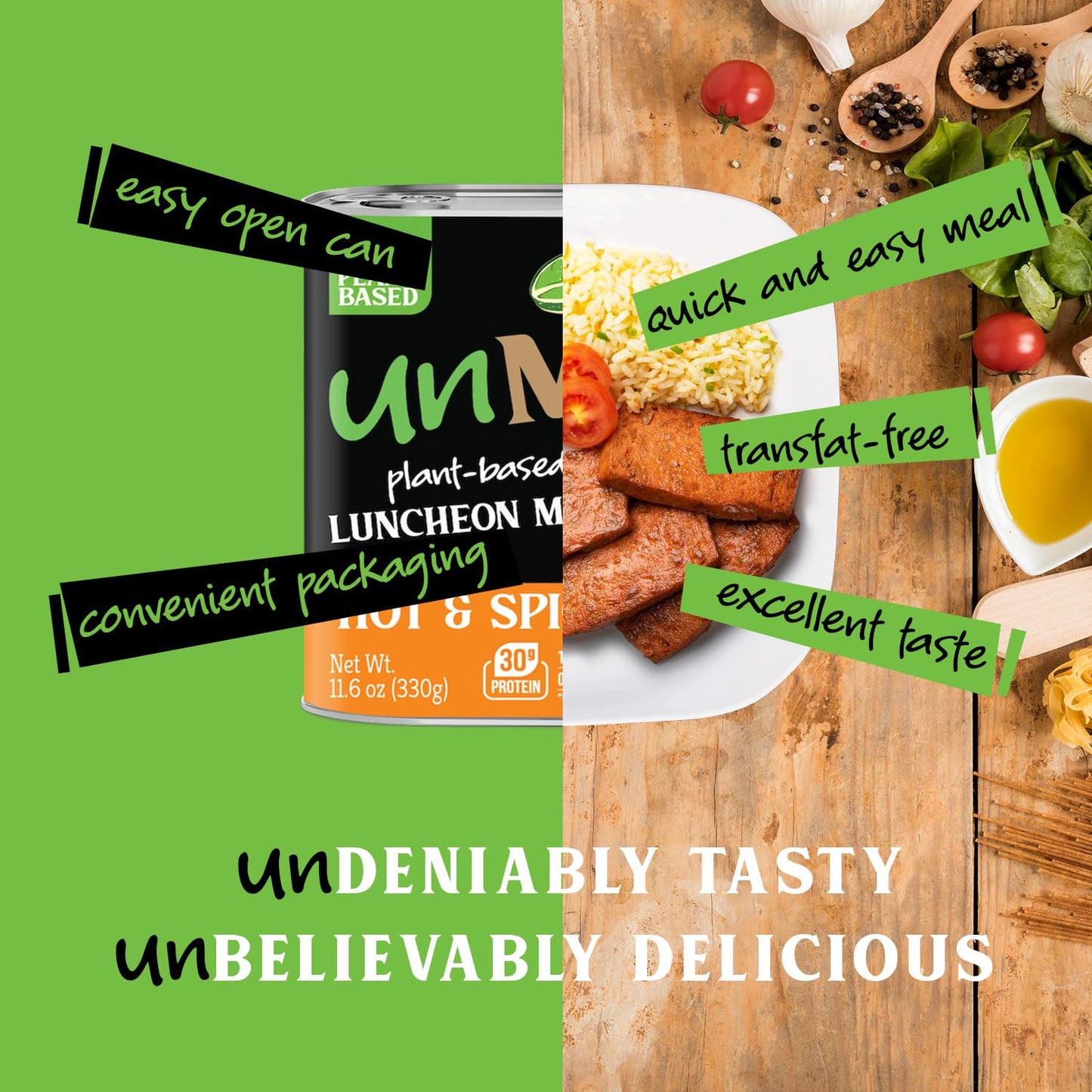 unMEAT Hot & Spicy Plant Based Luncheon Meat, Vegan Canned Meat Alternative, Gluten Free, Ready to Eat, 11.6oz (Pack of 12)