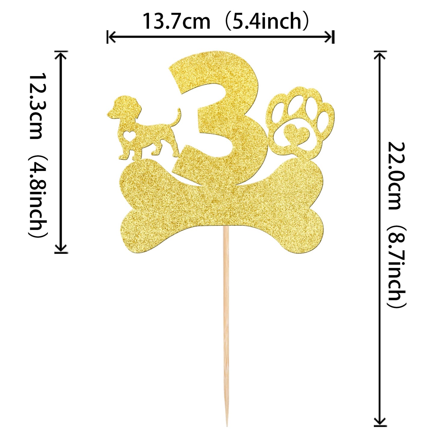 1 Pcs 3Rd Birthday Cake Topper With Gold Glitter Dog Paw Three Years Old Birthday Cake Pick Puppy Dog Bone Cake Decorations For