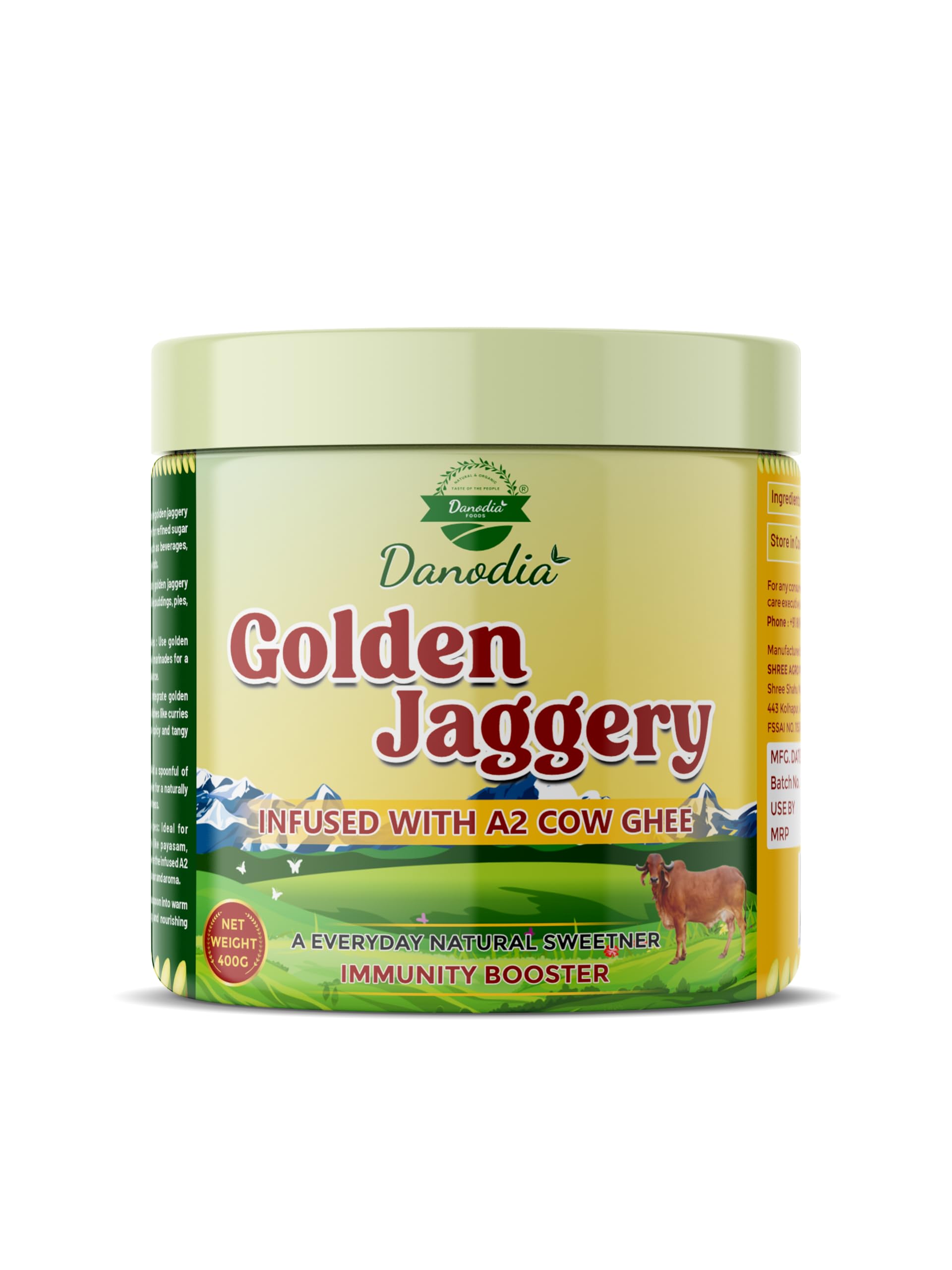 Danodia Foods Golden Jaggery with A2 Cow Ghee, 14.1 oz | Cane Juice Jaggery Infused with Pure A2 Ghee, Rich Caramel-Butter Taste