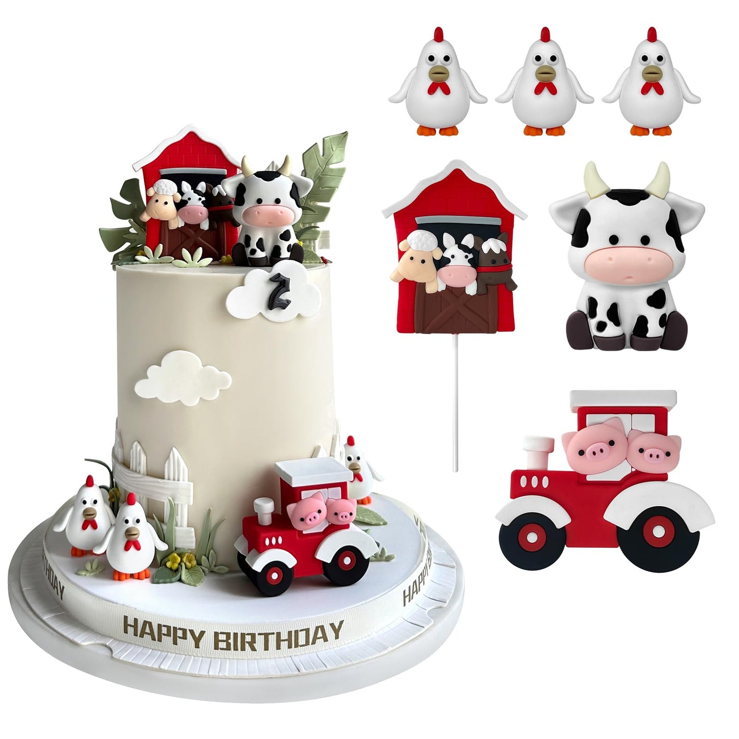6 Pcs Farm Cake Toppers, Cartoon Animal Cake Topper Decorations For Birthday Party Baby Shower Decor (Red)