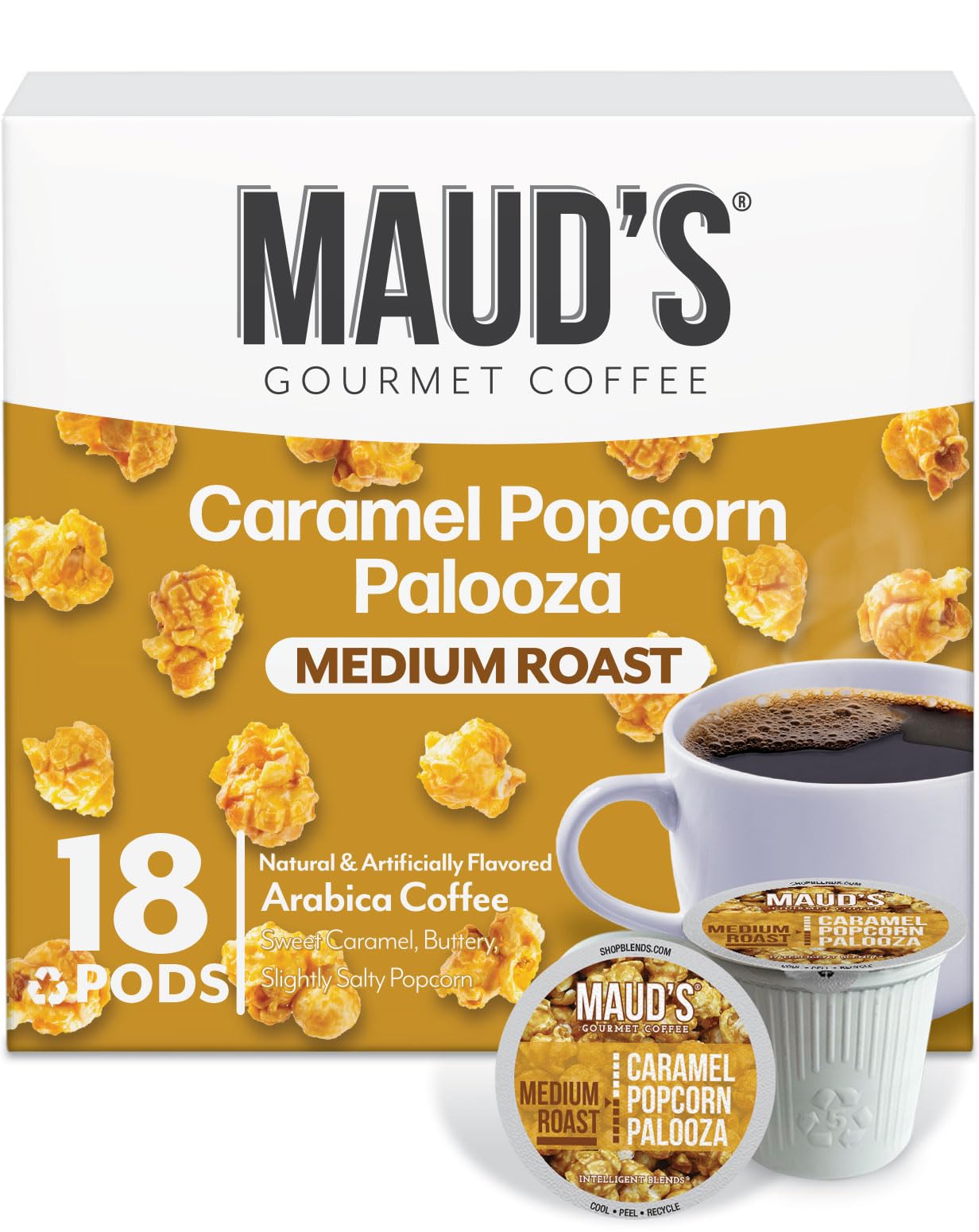 MAUDS Caramel Popcorn Flavored Coffee Pods, Medium Roast, 18 Count, 100% Arabica, Compatible with Keurig K Cups