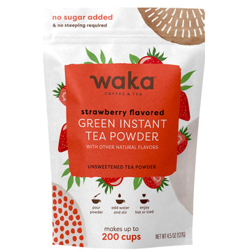 Waka Instant Green Tea Mix, Strawberry Flavored - 100% Tea Leaves, No Additives, Unsweetened Tea Powder In Bulk Pouch - Easy Qui