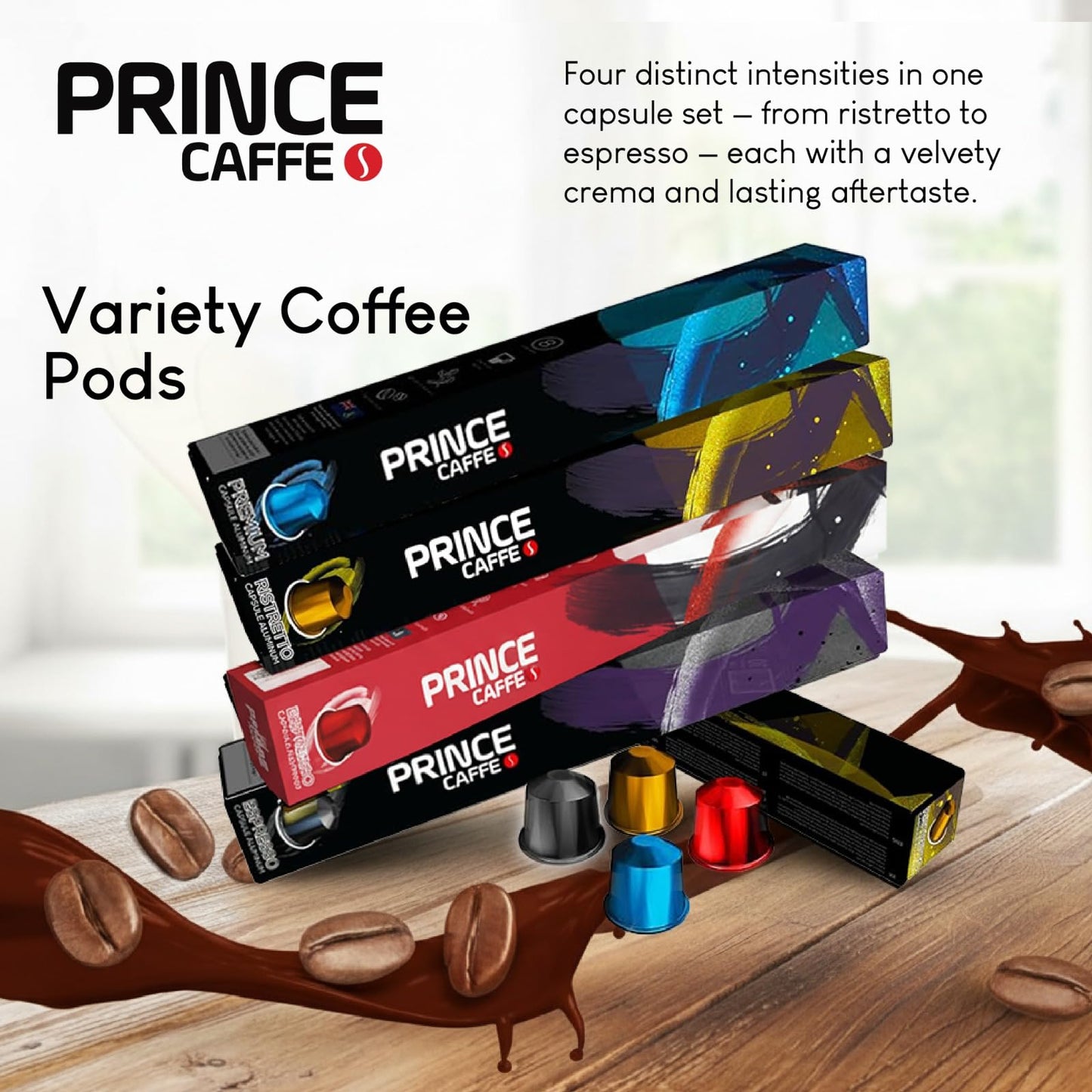 Prince Caffe Espresso Pods Variety Pack Compatible with Nespresso Original Line Machines - Espresso  Ristretto  Millennium & enhanced - Intensity7  8  9  10  40 Count (4 x 10 Capsules)
