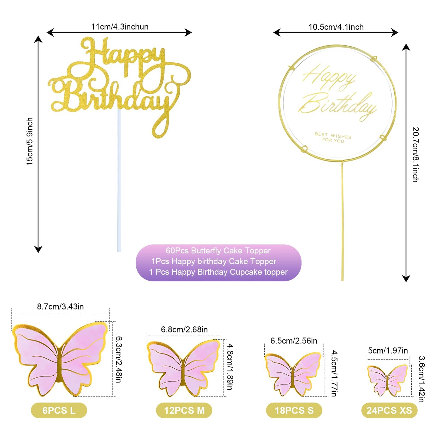 60Pcs Butterfly Cupcake Topper Pink Gold, Lively 3D Butterflies With 2Pcs Happy Birthday Topper For Cake Decor Birthday Annivers