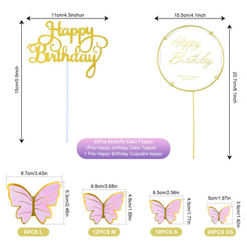 60Pcs Butterfly Cupcake Topper Pink Gold, Lively 3D Butterflies With 2Pcs Happy Birthday Topper For Cake Decor Birthday Annivers