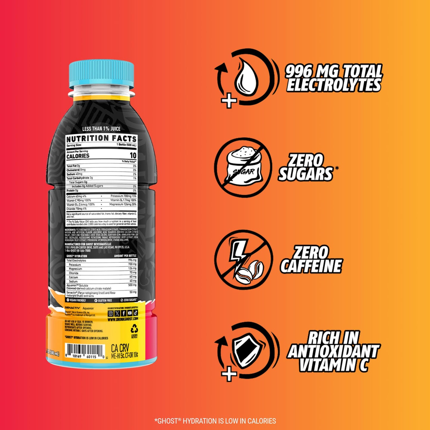 GHOST Hydration Drink, Strawbango - RTD Sports Drink with Electrolytes, 16.9 Fl Oz, Pack of 12, Zero Caffeine & Sugars