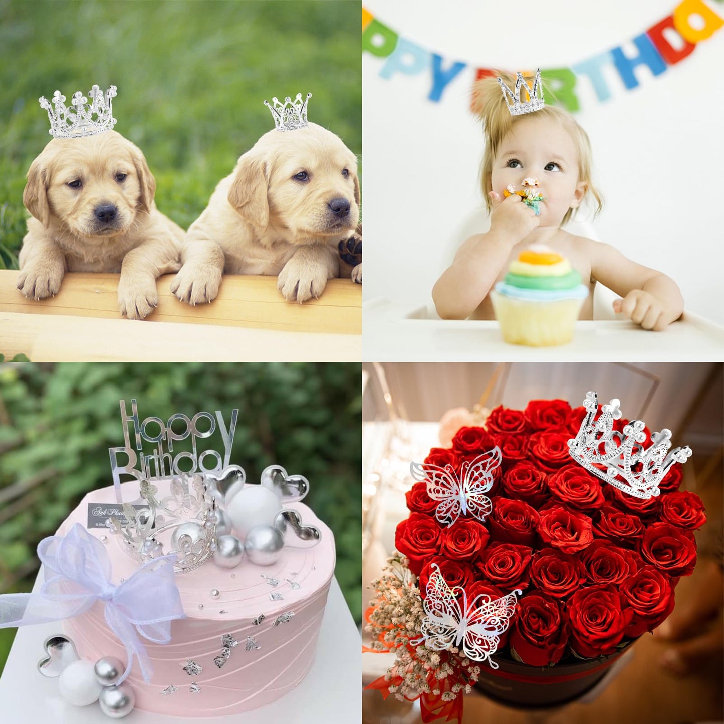 30 Pieces Mini Crown Cake Topper Small Silver Crown Mini Tiara With 3D Silver Butterfly Decoration For Flower Arrangements Crown