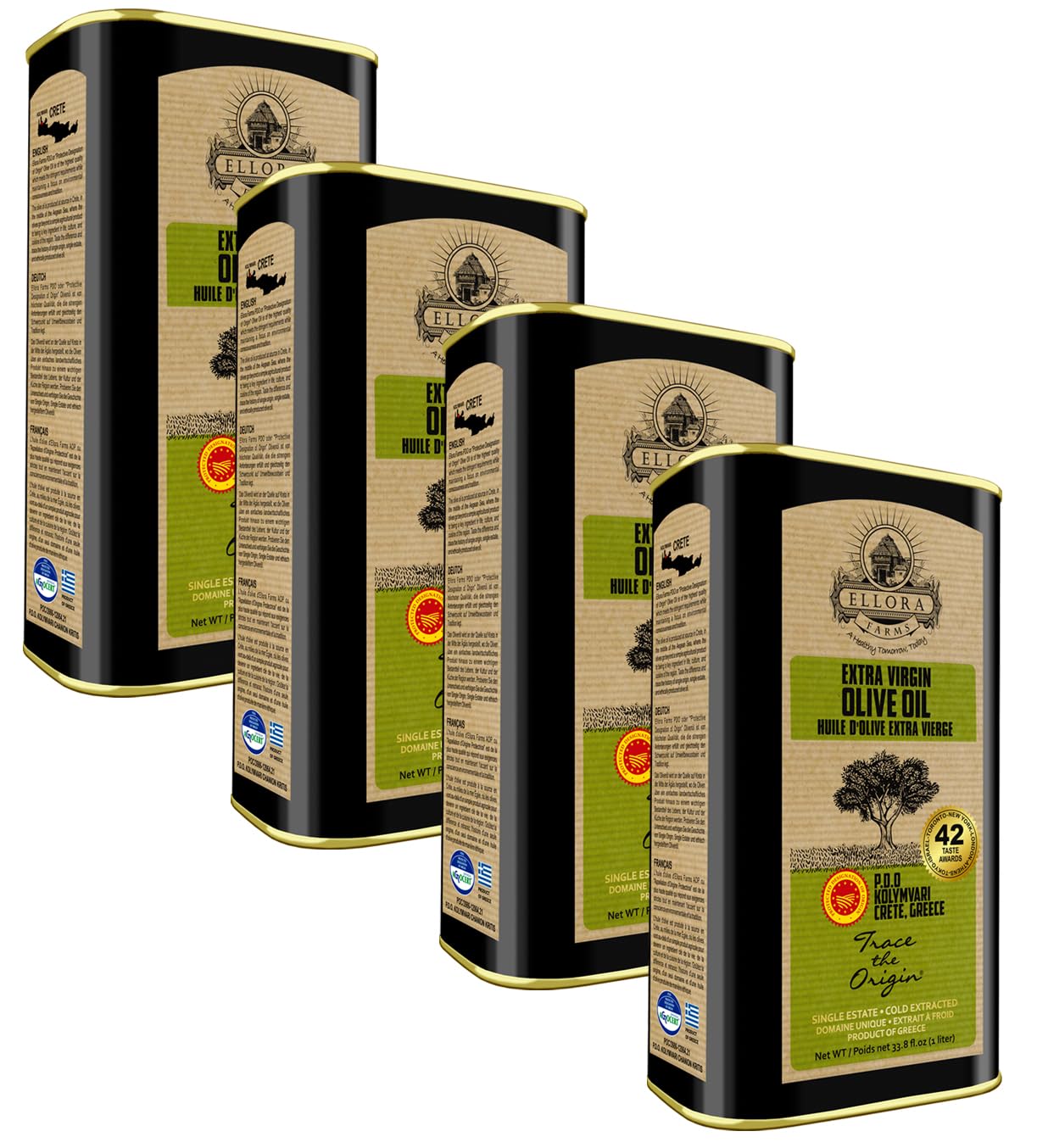 Ellora Farms, Single Estate PDO Greek Extra Virgin Olive Oil, Cold Pressed & Traceable Olive Oil, Kosher, 1 Lt Tin (33.8 oz.), P