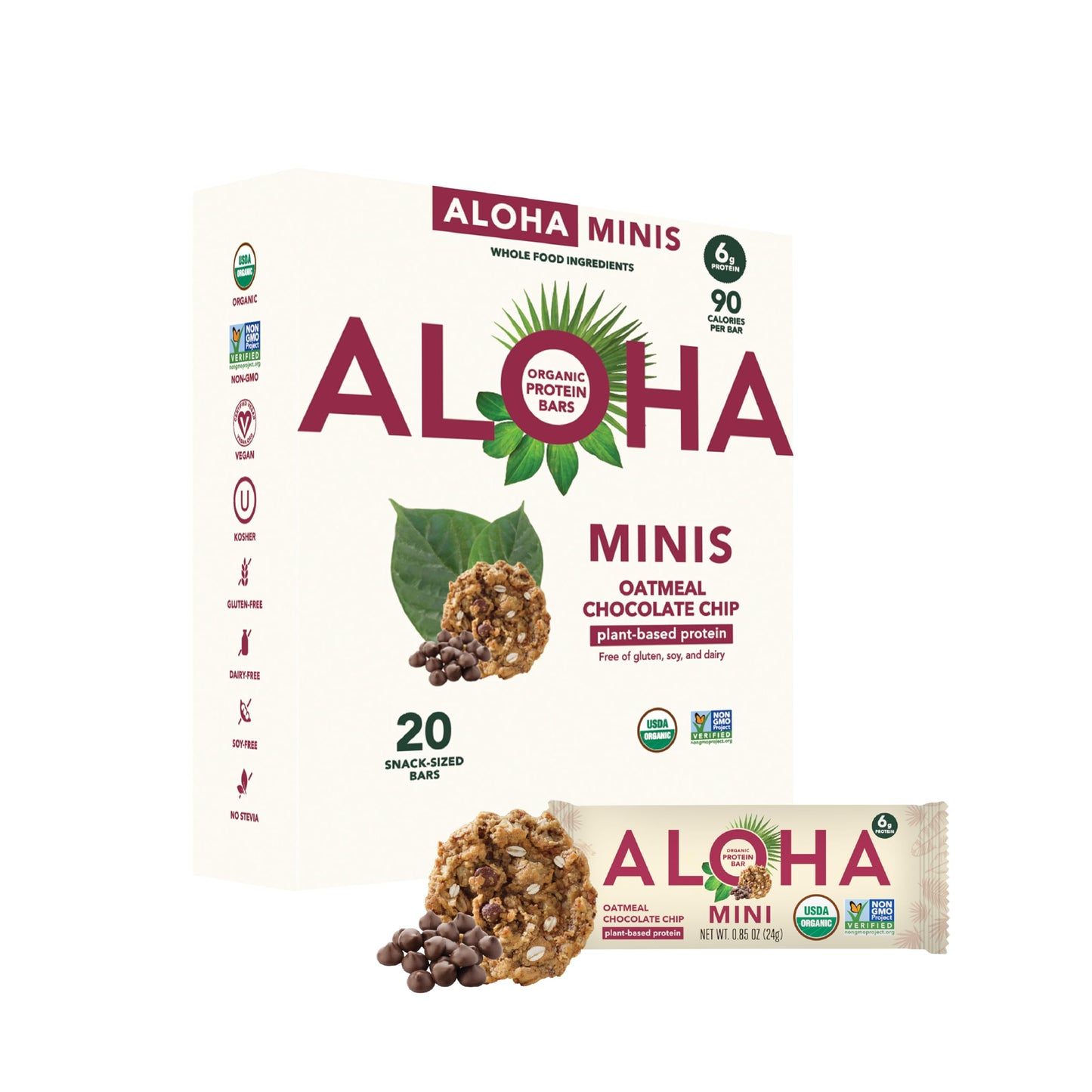 ALOHA Organic Plant Based Protein Bar MINIS | Oatmeal Chocolate Chip | 20 Count, 24g Bars | Vegan, Low Sugar, Gluten Free, Low C