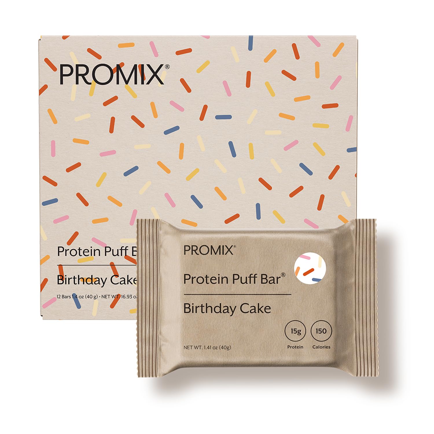 Promix Nutrition Protein Puff Bars - Birthday Cake - Marshmallow Crispy Treat - Great Tasting & Healthy On The Go Snack - High Protein & Low Calorie - Free From Gluten, Soy, & Corn - 12 Bars
