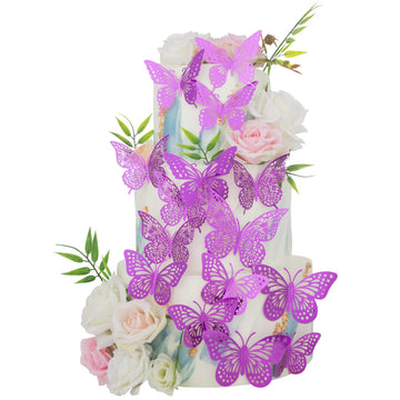Gyufise Metallic Purple Butterfly Cupcake Toppers Hollow Art 3D Butterfly Cake Toppers Decorations Baby Shower Wedding Anniversa