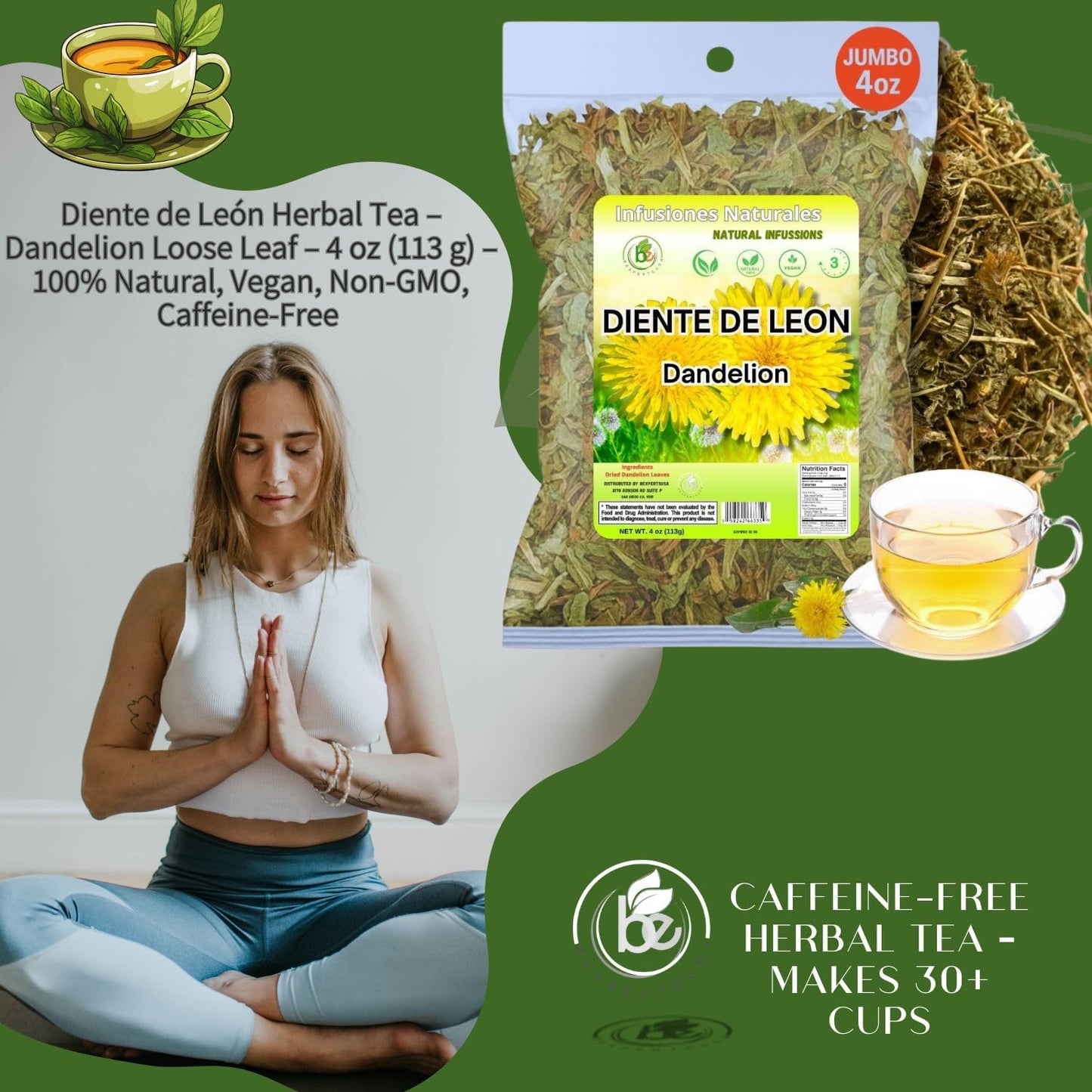 Diente de Le?n Herbal Tea - Dandelion Loose Leaf - 4 oz (113 g) - 100% Natural  Vegan  Non-GMO  Caffeine-Free - Traditional Herbal Infusion - by BexpertsUSA