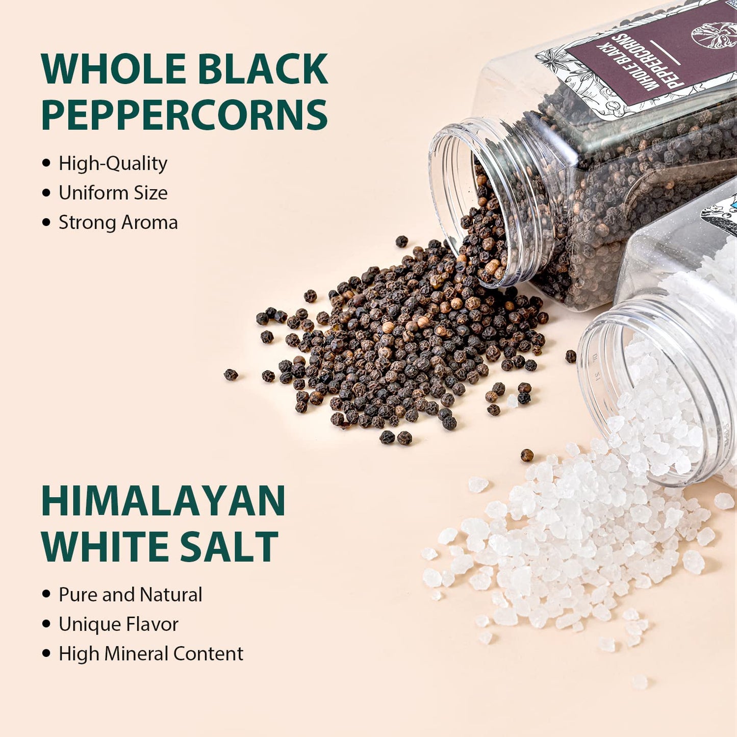 Soeos Himalayan Sea Salt, 39 oz (2.4 lb) + Whole Black Peppercorns, 18oz (1.1 lb) White Himalayan Salt Coarse Grain, Whole Black