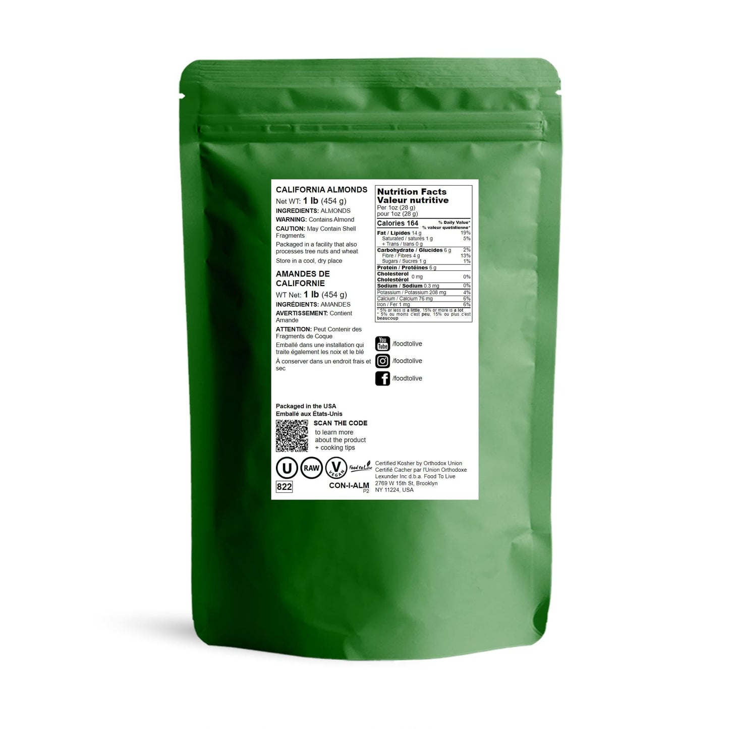 Food To Live California Almonds, 1 Pound – Supreme, Whole, Raw, Unsalted, Unroasted Nuts, Natural.